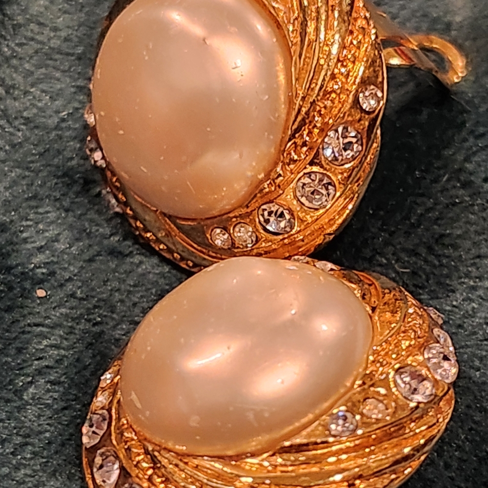 Gold-Tone Pearl and Crystal Clip-On Earrings